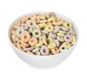 Tasty cereal rings in bowl isolated on white