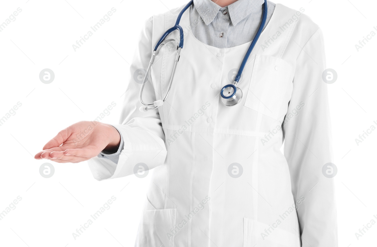 Photo of Female doctor offering helping hand on white background, closeup