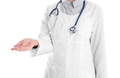 Female doctor offering helping hand on white background, closeup