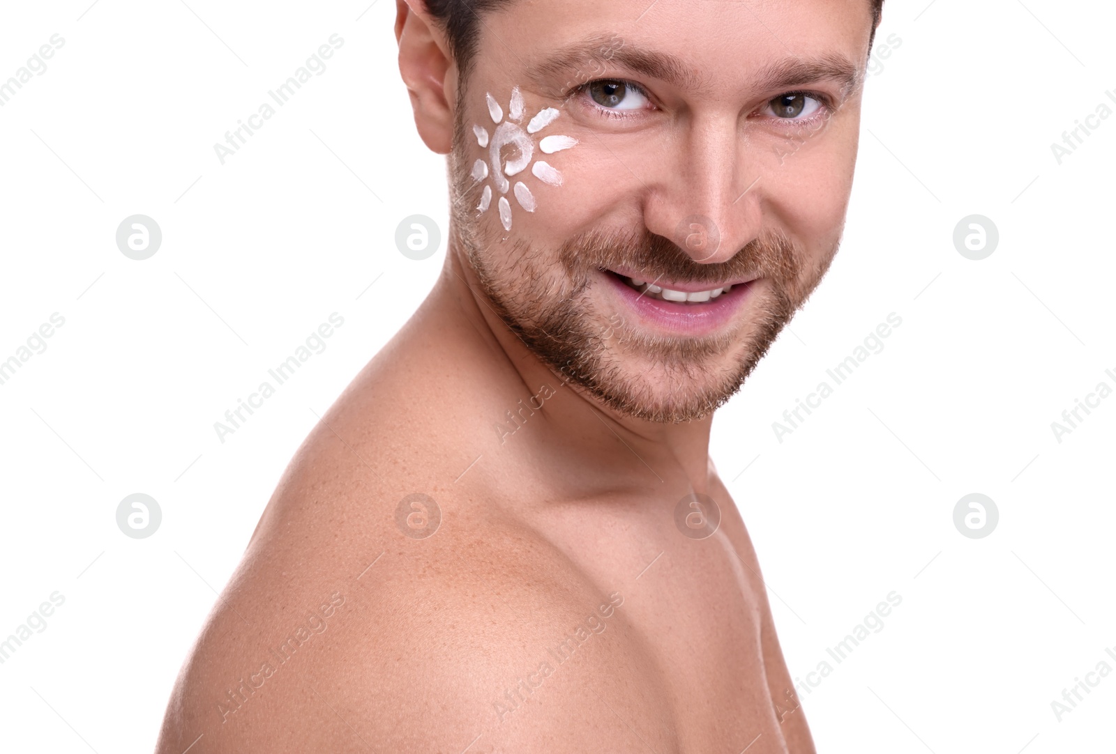 Photo of Handsome man with sun protection cream on his face against white background, closeup