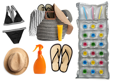 Image of Set of different stylish beach objects on white background