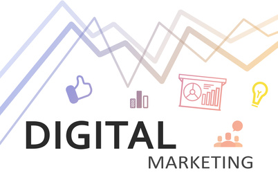 Illustration of Digital marketing strategy. Icons and graphs on white background
