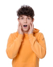 Photo of Portrait of surprised teenage boy on white background