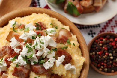 Delicious traditional Ukrainian banosh served on table, flat lay