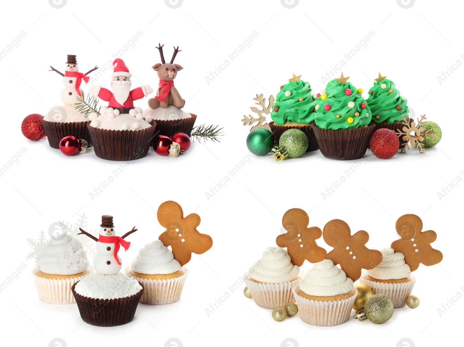 Image of Tasty cupcakes with Christmas decor on white background, collage