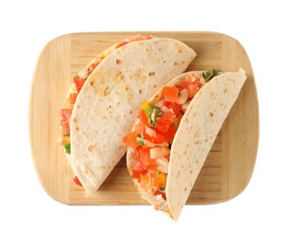 Delicious tacos with vegetables isolated on white, top view