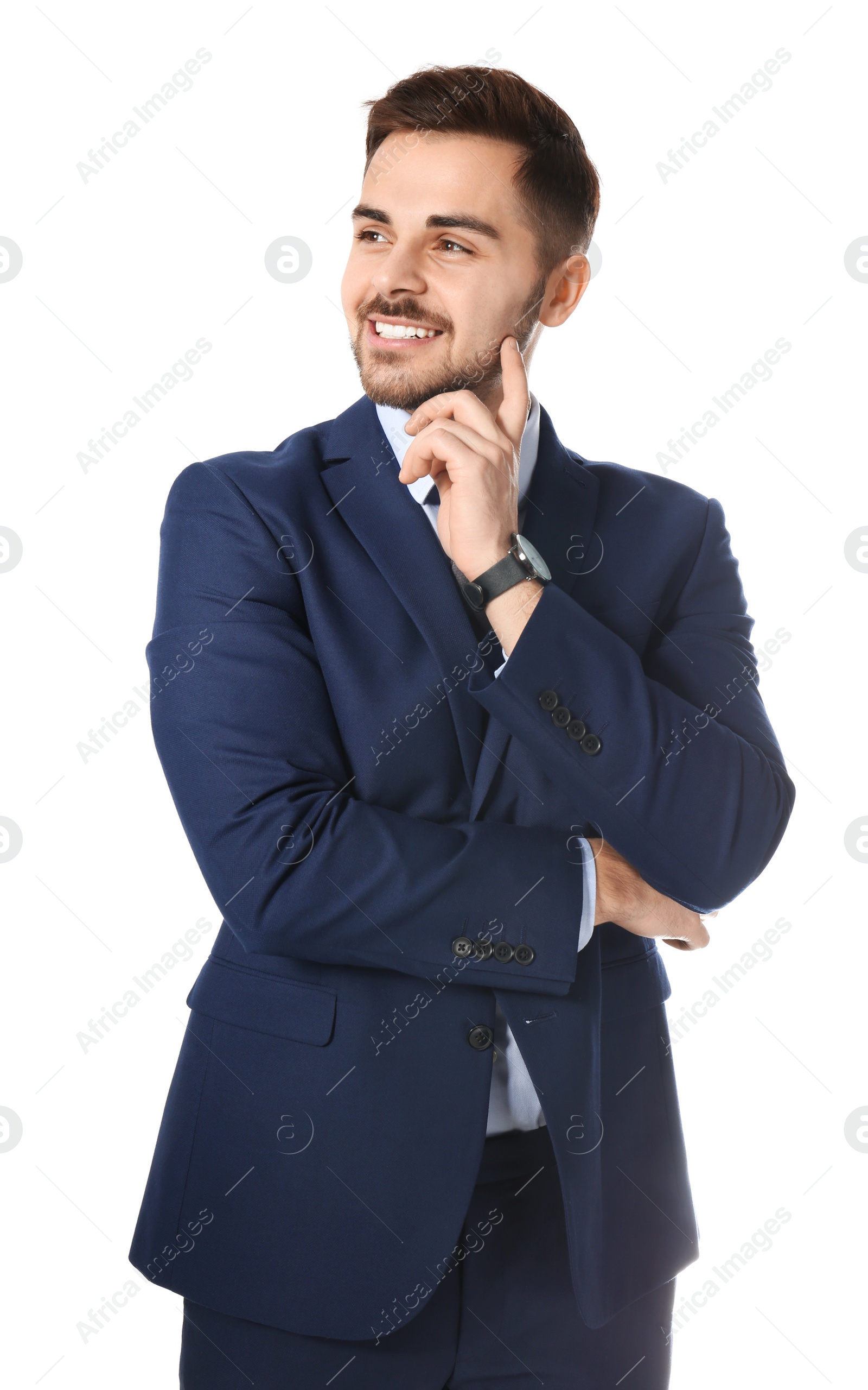 Photo of Portrait of successful businessman posing on white background