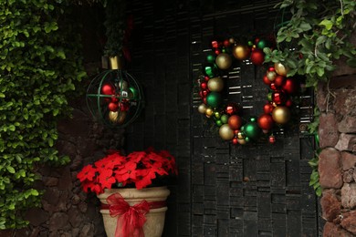 Christmas traditional poinsettia flower and wreath with colorful baubles near entrance outdoors. Festive street decorations