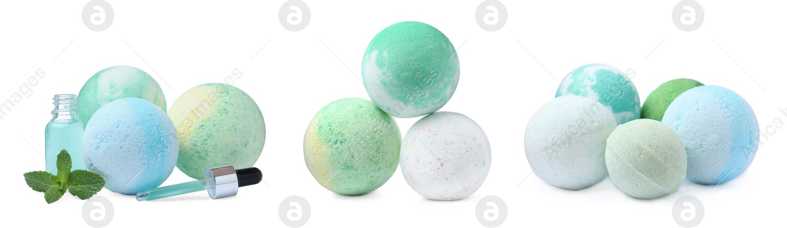 Image of Set with aromatic bath bombs on white background. Banner design