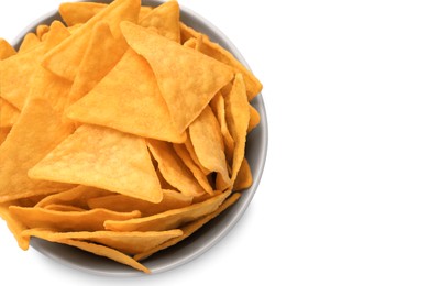 Tortilla chips (nachos) in bowl on white background, top view