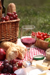 Photo of Blanket with picnic basket and different products on green grass