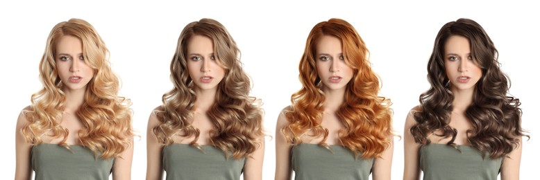 Image of Collage with photos of beautiful young woman with different hair colors on white background. Banner design