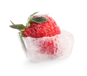 Photo of Ice cube with strawberry on white background