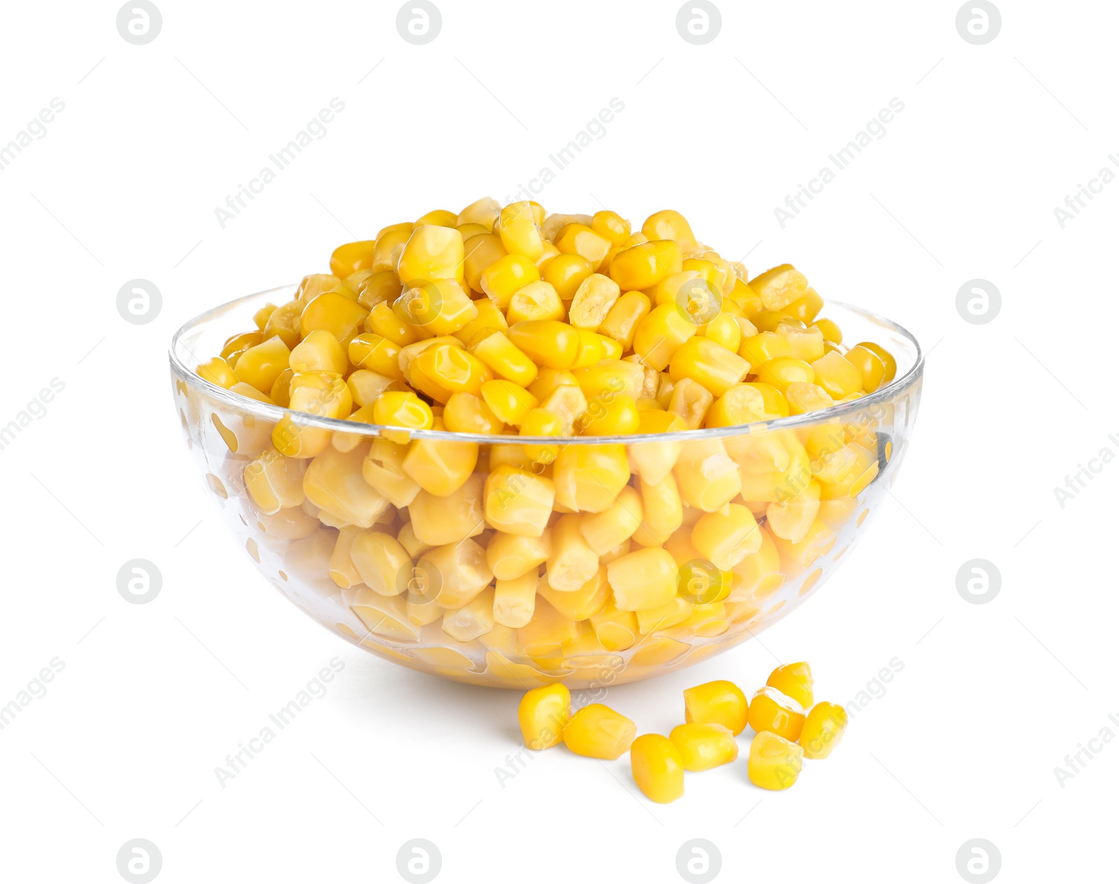 Photo of Delicious canned corn in bowl isolated on white