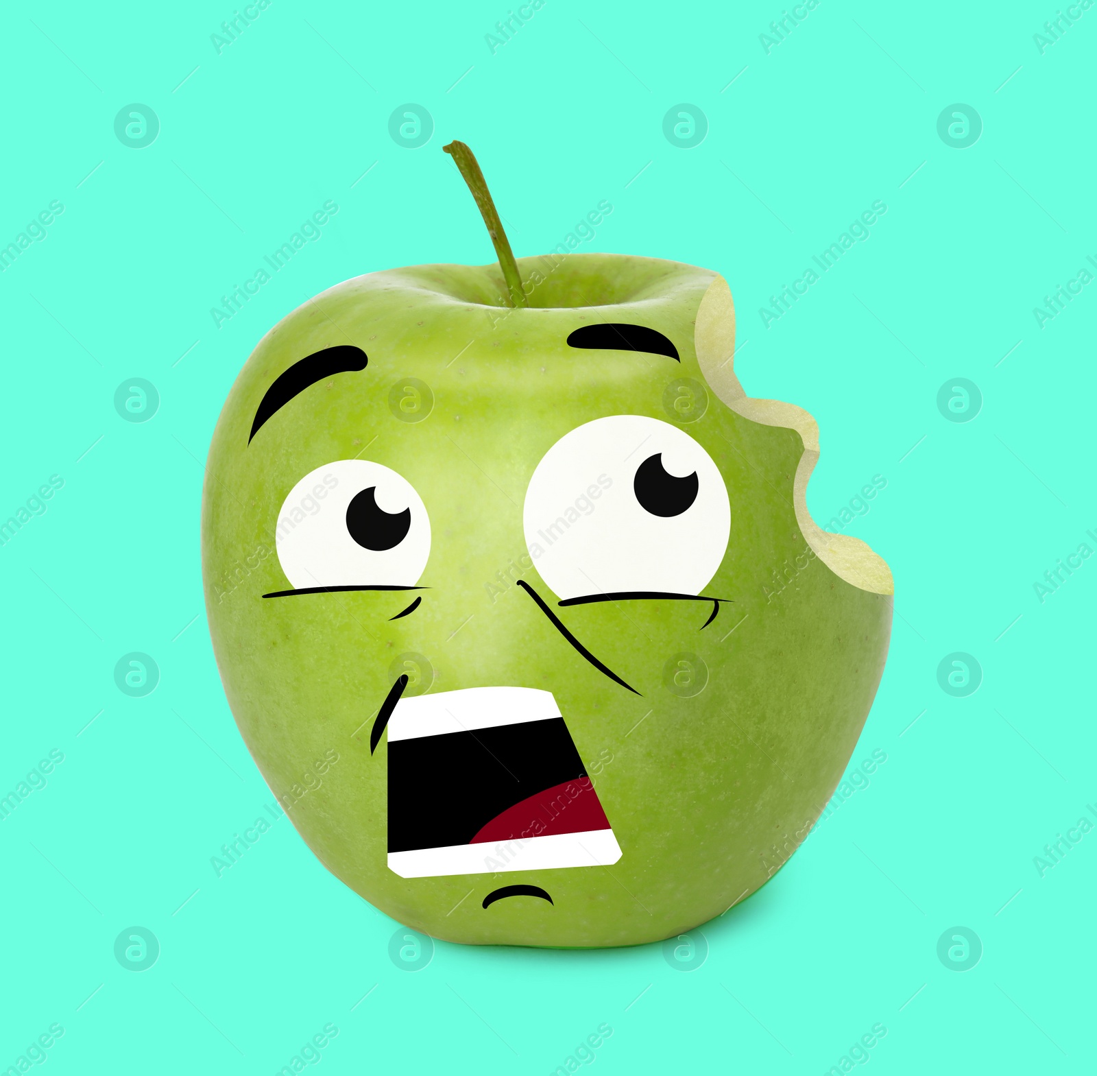 Image of Creative artwork. Emotional green bitten apple. Fruit with drawings on mint color background