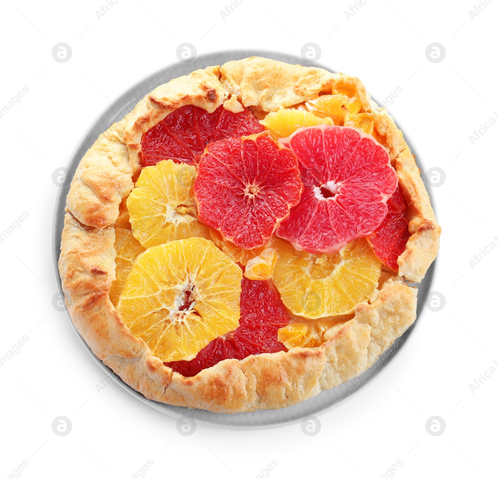 Photo of Delicious galette with citrus fruits isolated on white, top view