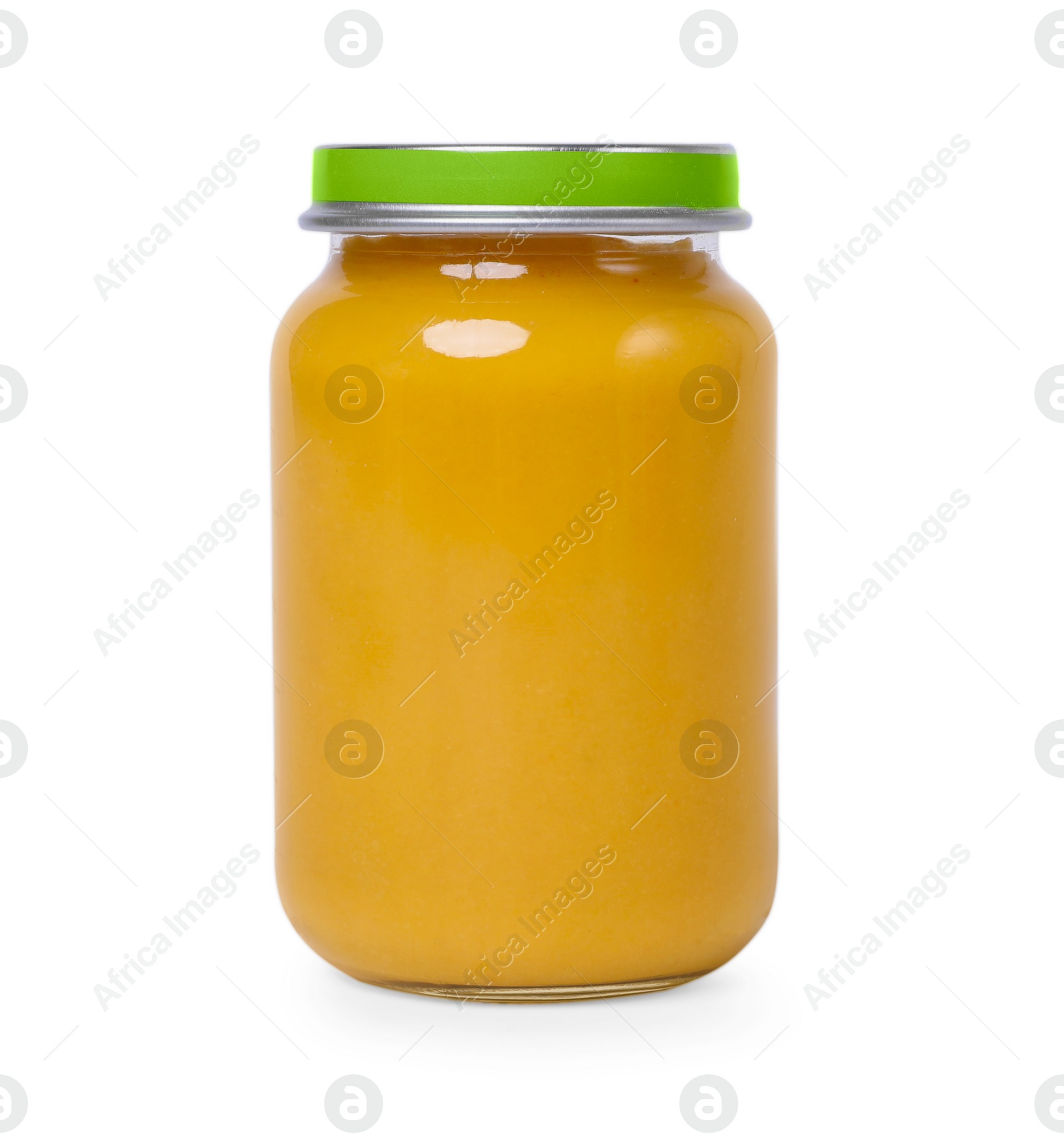 Photo of Glass jar with healthy baby food isolated on white