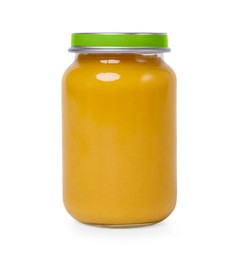 Photo of Glass jar with healthy baby food isolated on white