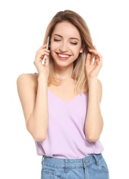 Photo of Young woman talking on phone against white background