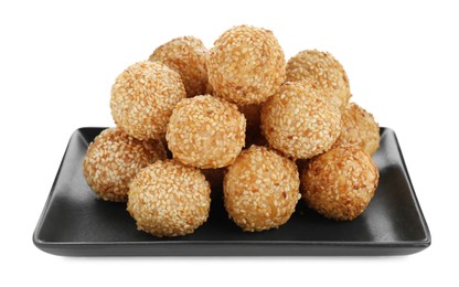 Photo of Many delicious sesame balls on white background