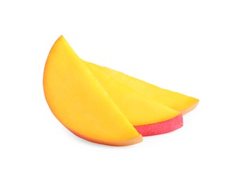 Photo of Juicy mango slices on white background. Tropical fruit