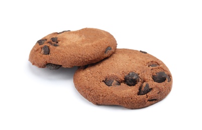 Photo of Delicious chocolate chip cookies on white background