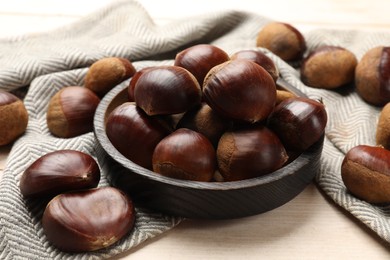 Sweet fresh edible chestnuts on light wooden table, closeup