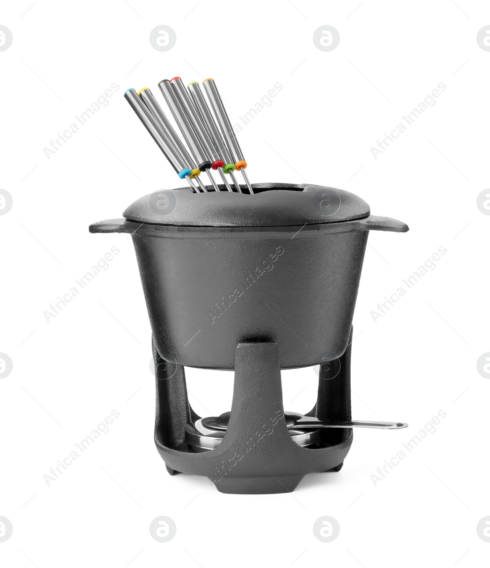 Photo of Fondue set isolated on white. Cooking utensils