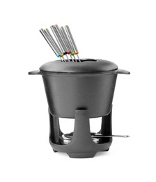 Photo of Fondue set isolated on white. Cooking utensils