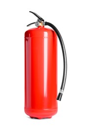 Photo of One red fire extinguisher on white background