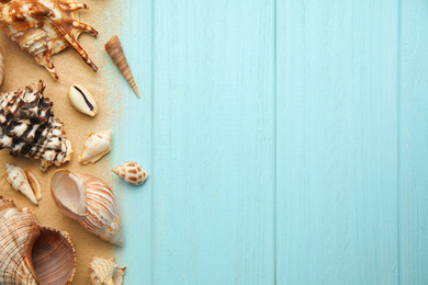 Photo of Different sea shells and sand on light blue wooden table, flat lay. Space for text