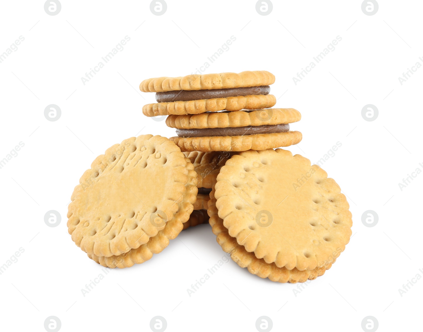 Photo of Tasty sandwich cookies with chocolate cream on white background