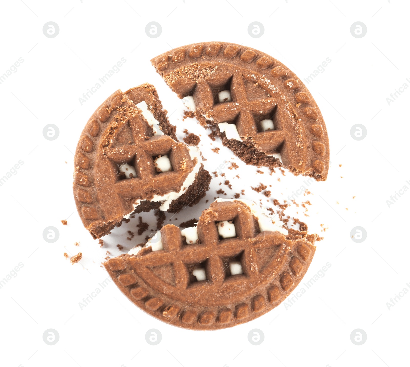 Photo of Broken tasty chocolate sandwich cookie with cream on white background, top view