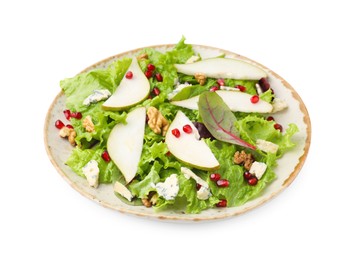 Photo of Delicious pear salad with walnuts, blue cheese and pomegranate isolated on white
