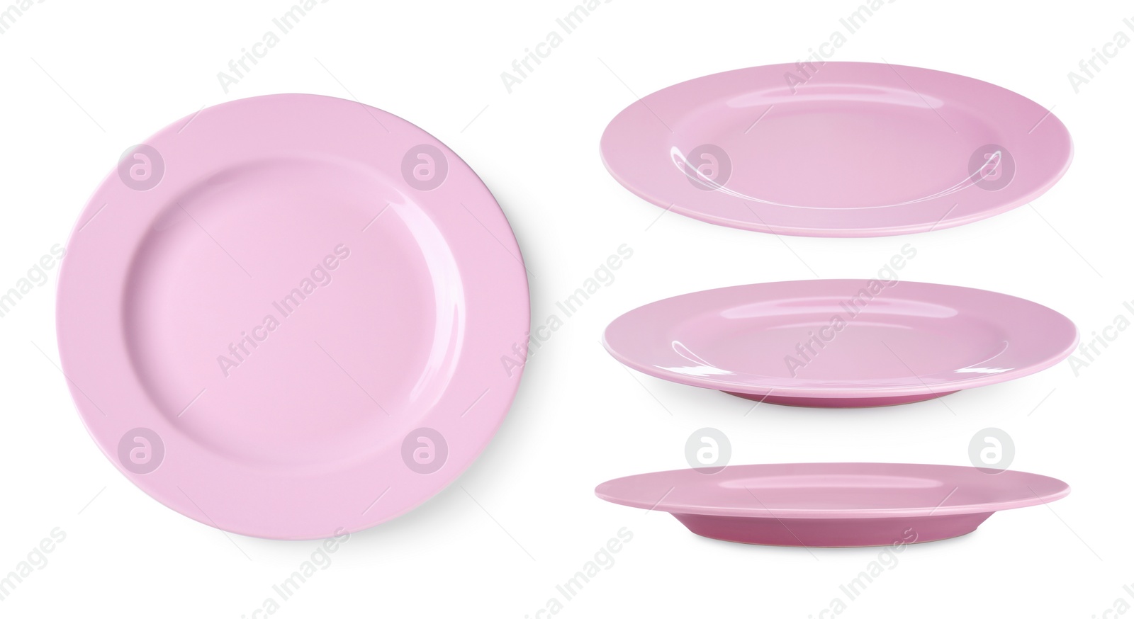 Image of Collage of pink ceramic plate on white background, views from different sides