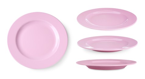 Collage of pink ceramic plate on white background, views from different sides