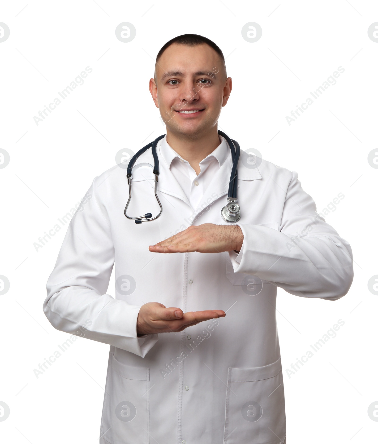 Photo of Doctor with stethoscope holding something on white background. Cardiology concept