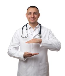 Doctor with stethoscope holding something on white background. Cardiology concept