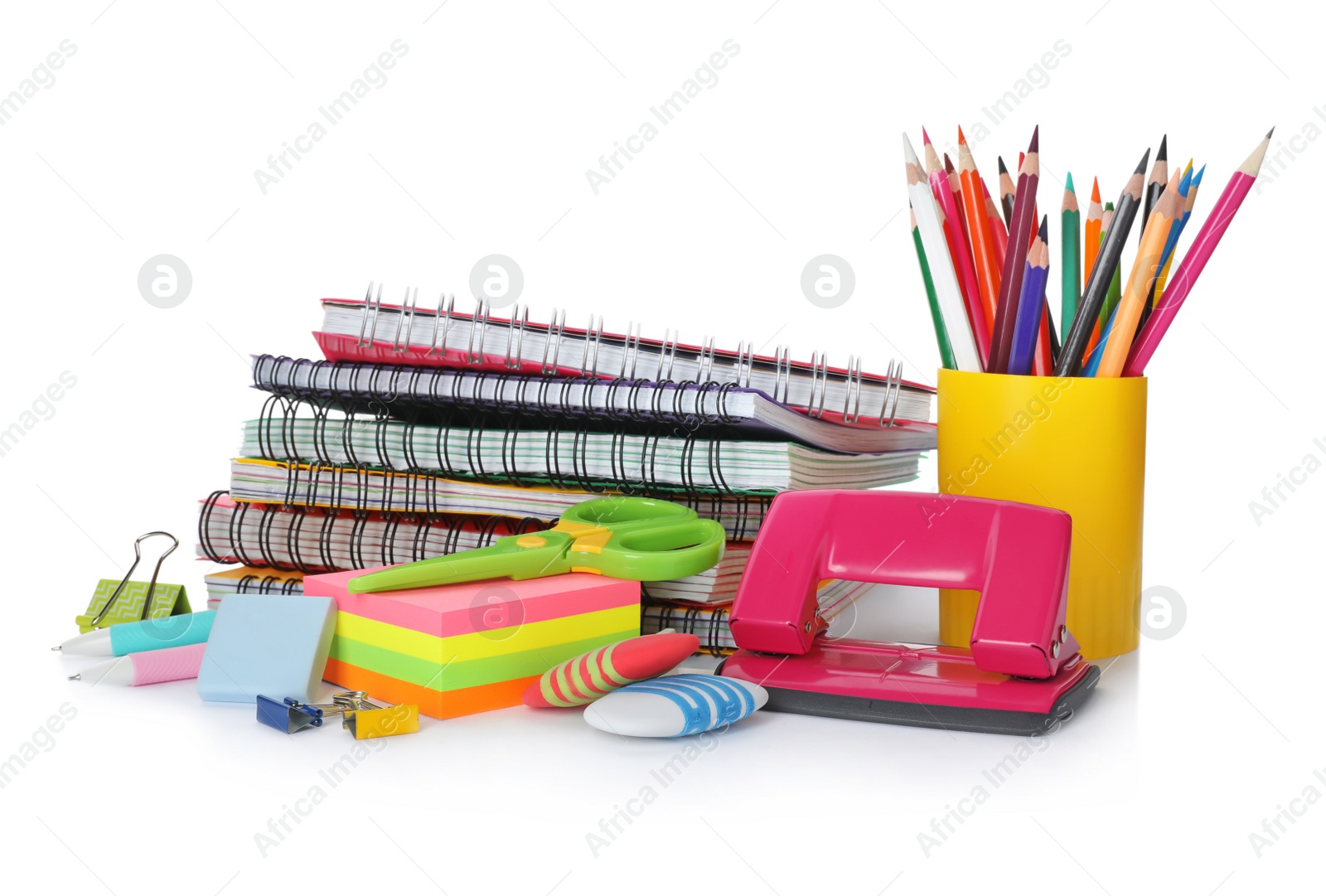 Photo of Different colorful stationery on white background. Back to school