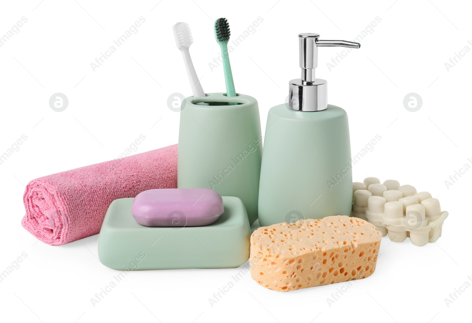 Photo of Bath accessories. Set of different personal care products isolated on white