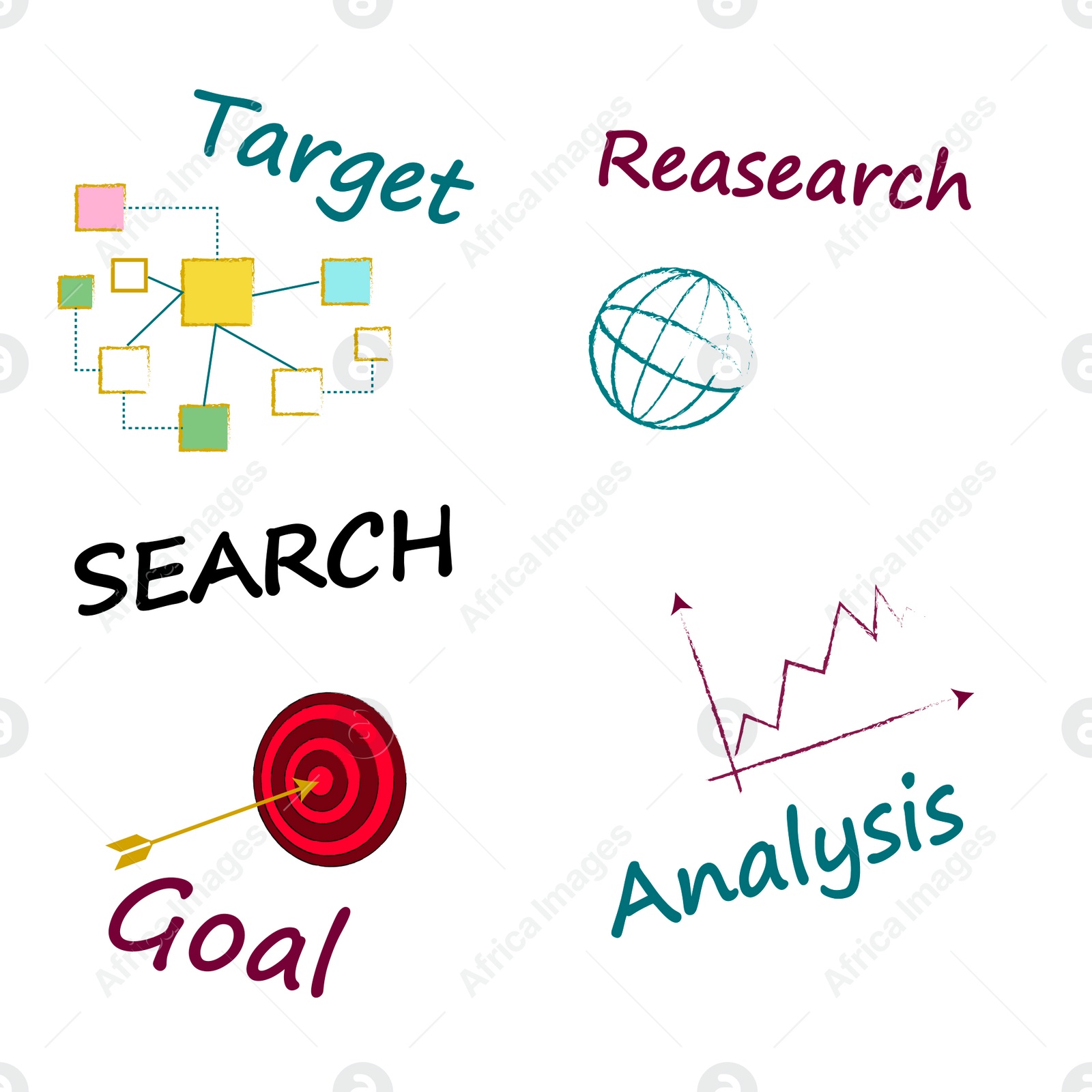 Illustration of Search engine optimization (SEO) concept. Different words and drawings on white background, illustration