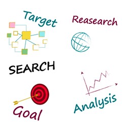 Search engine optimization (SEO) concept. Different words and drawings on white background, illustration