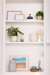 Photo of Interior design. Shelves with stylish accessories, potted plants and frames near white wall
