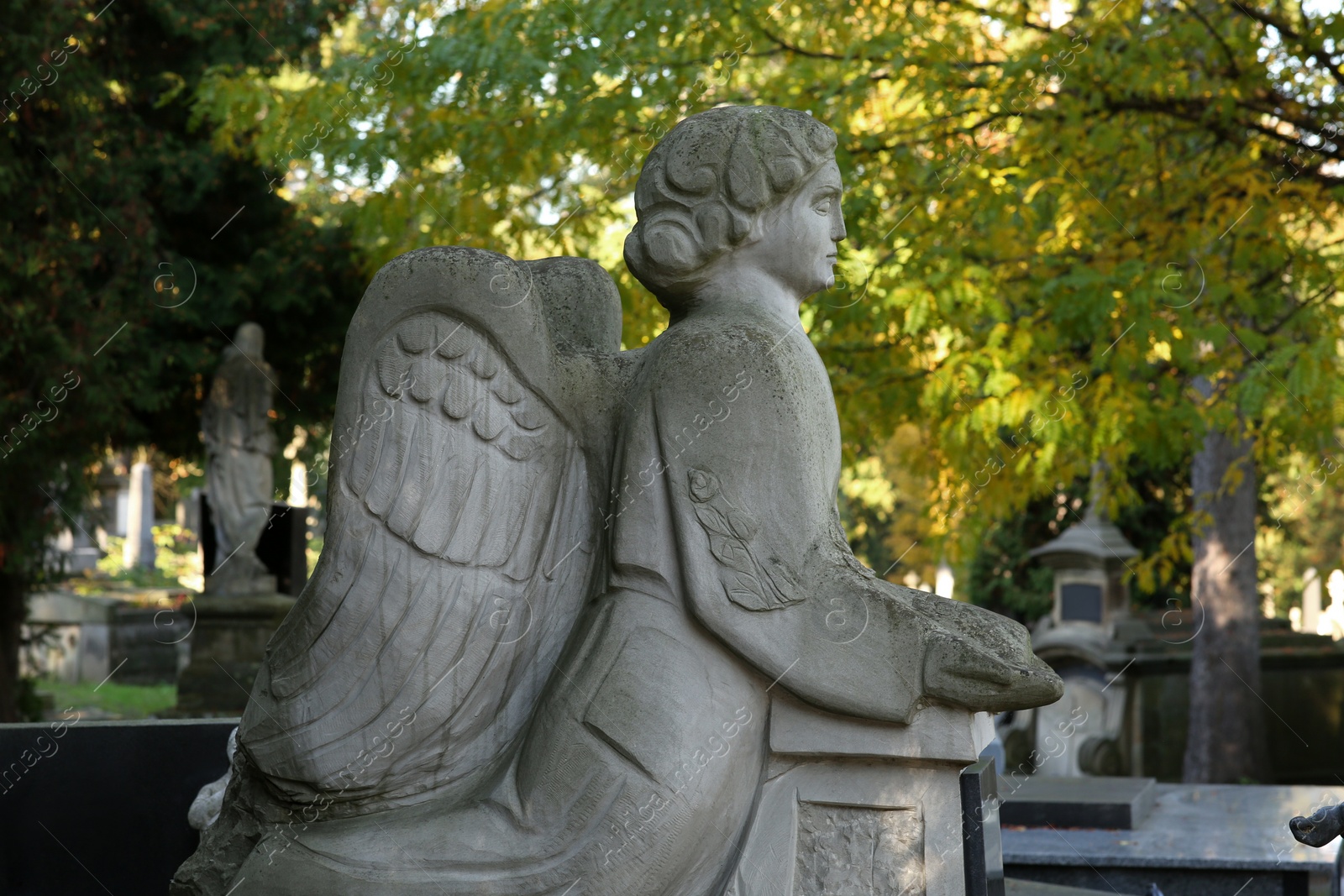 Photo of Beautiful statue of angel at cemetery. Religious symbol