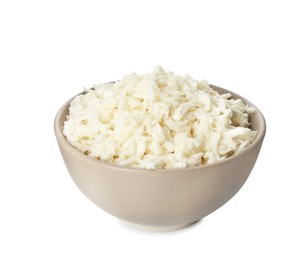 Photo of Bowl with delicious mozzarella cheese on white background