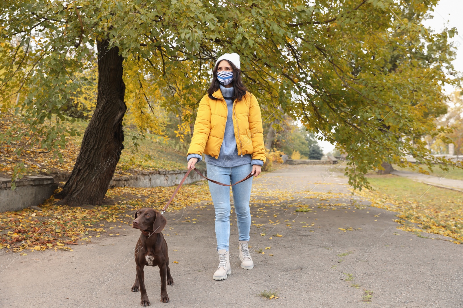 Photo of Woman in protective mask with German Shorthaired Pointer in park. Walking dog during COVID-19 pandemic