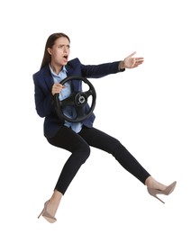 Photo of Angry woman with steering wheel against white background