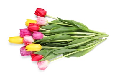 Photo of Beautiful colorful tulips on white background, top view