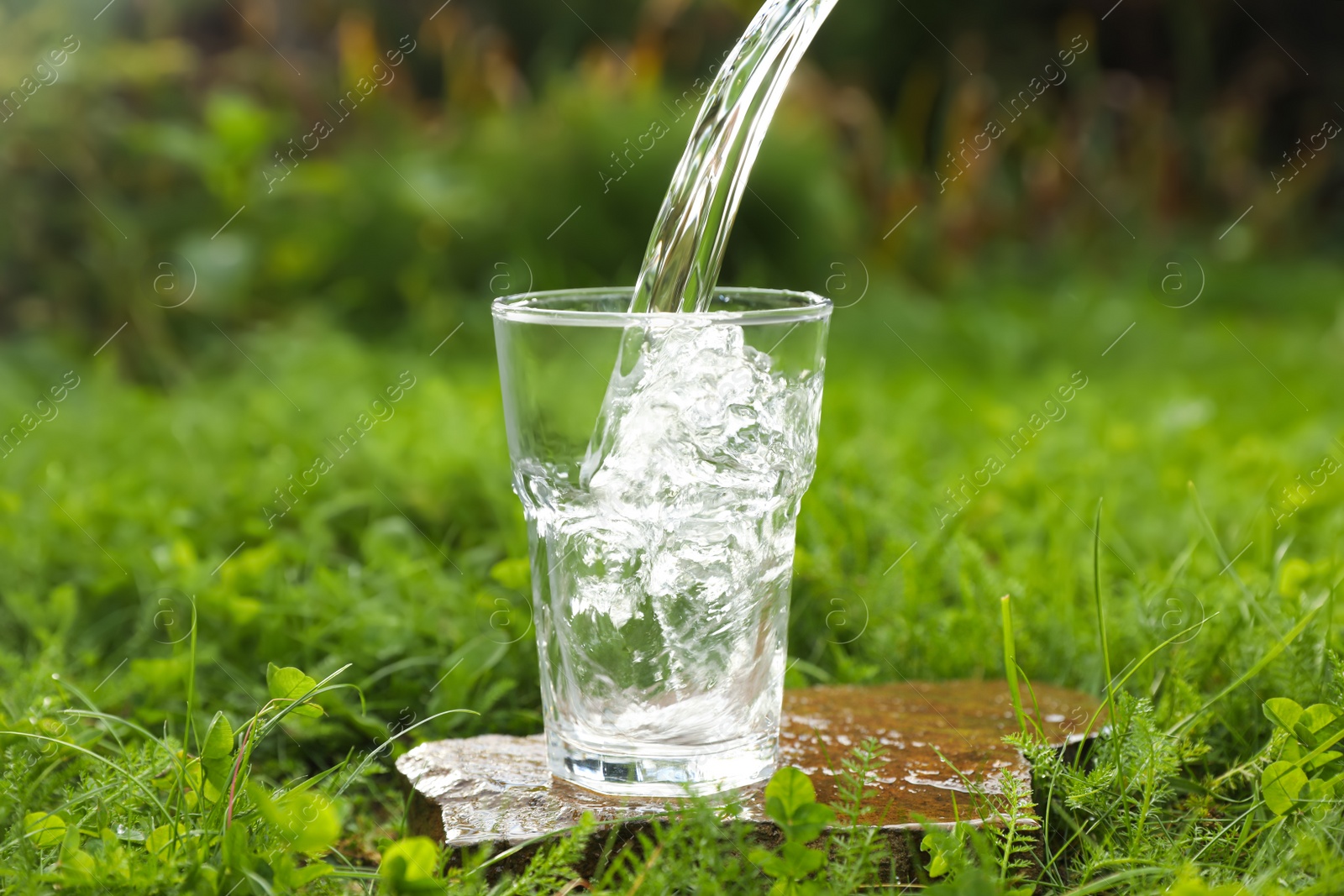 Photo of Pouring fresh water into glass on stone in green grass outdoors