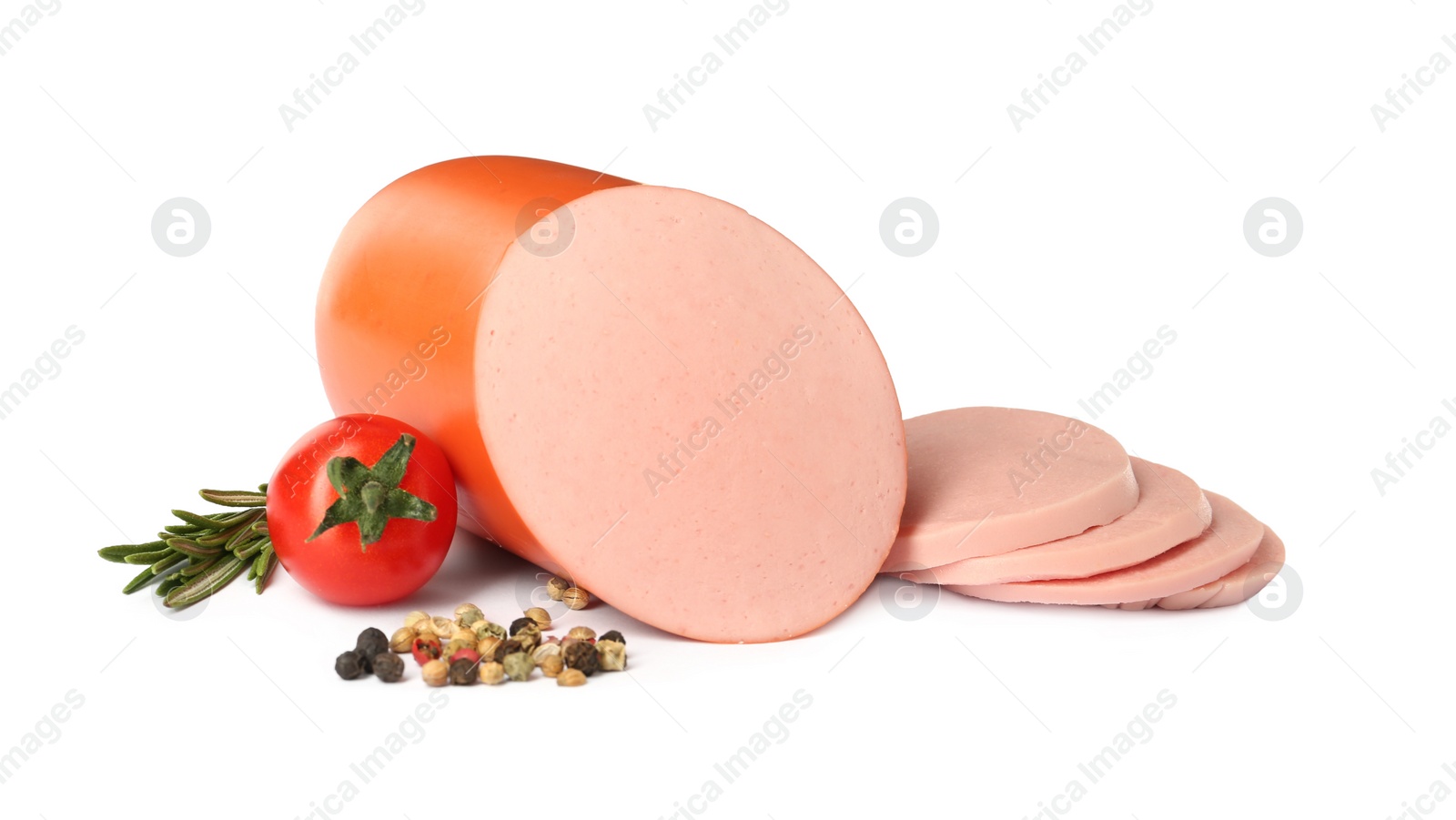 Photo of Tasty boiled sausage with tomato, rosemary and peppercorns on white background